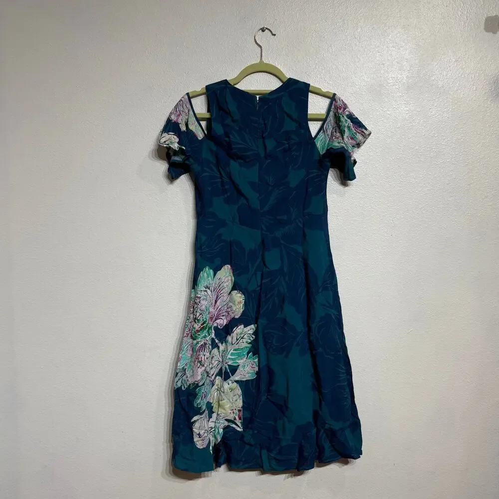 Anthropologie  Maeve Teal Elia Cold Shoulder Floral Mini Dress Sz 2 NWT - Picture 12 of 15